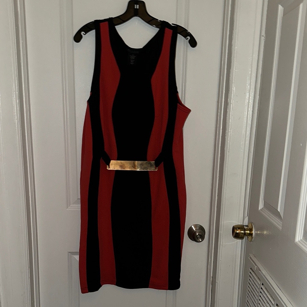 Rouge Helium Black and Red Colorblock Sleeveless Mini Dress with Gold Accent
